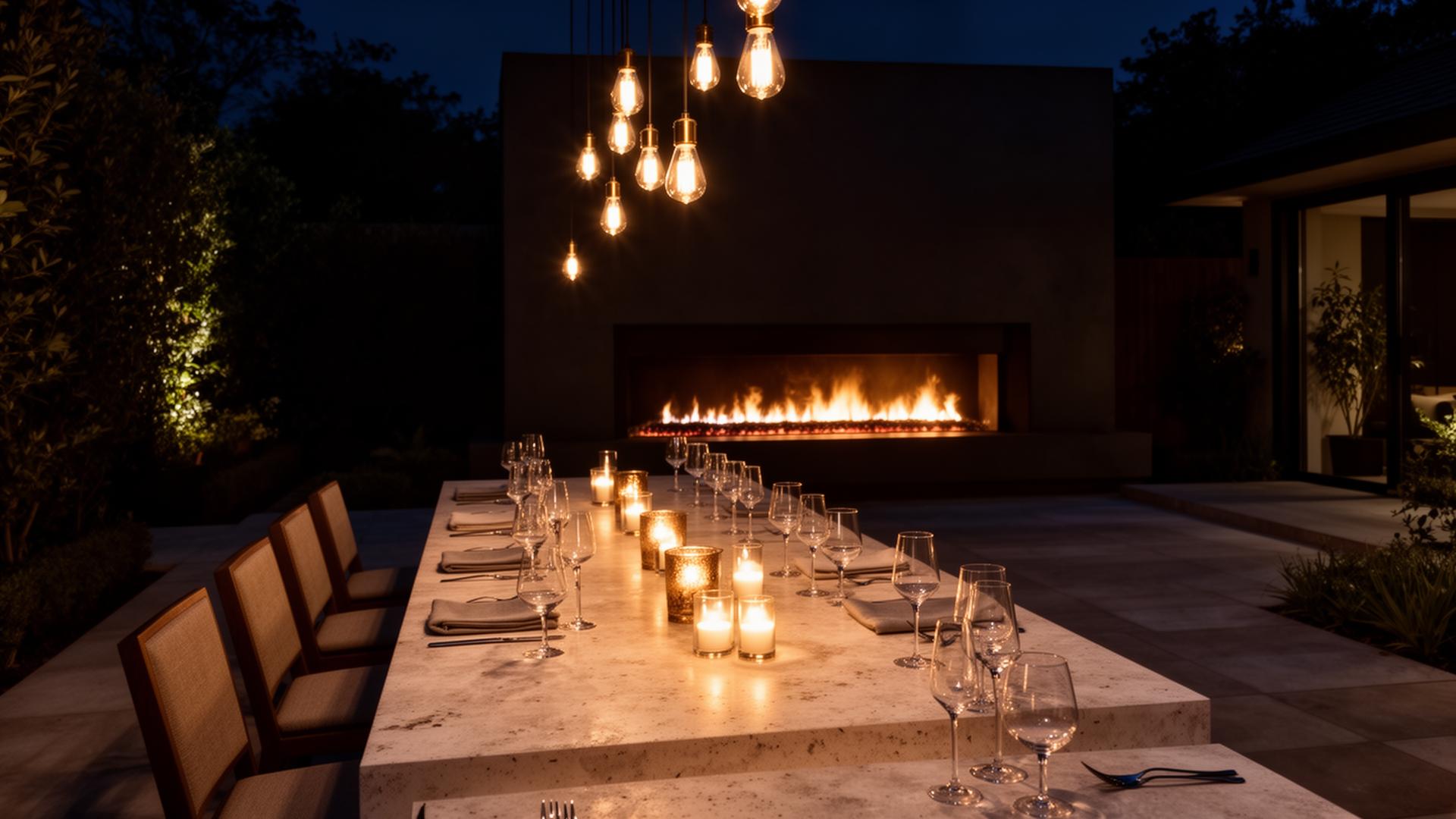 Outdoor dining table at dusk with linear fireplace